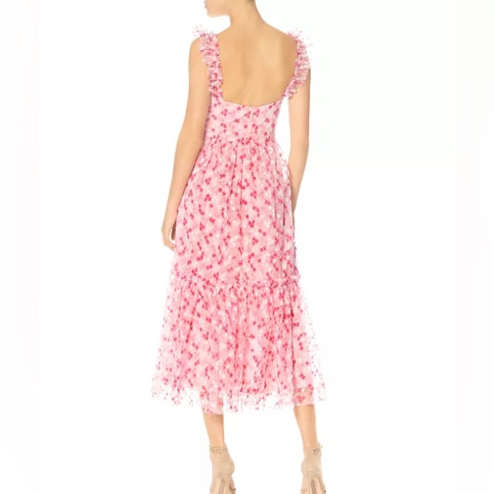 ML Monique Lhuillier Floral Embroidered Mesh Pink & White Midi Dress | Size 10 - Picture 2 of 10